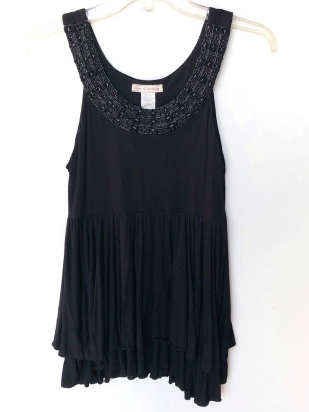 Beaded Neckline Black Peplum Tank Top Flowy Scoop Neck Dressy Small